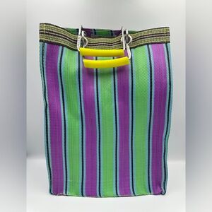 Puebco Tall Recycled Plastic Green And Purple Stripe Bag Shopping Beach Tote